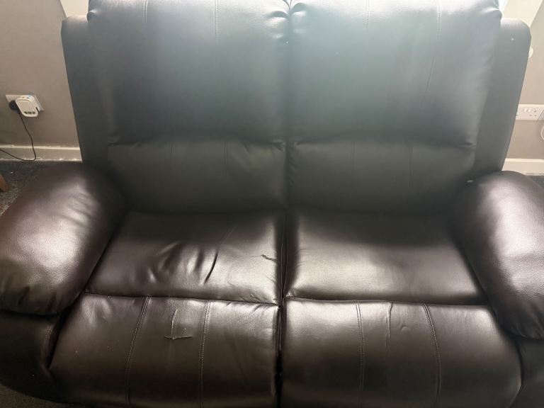 Brown Leather Recliner Sofa - 2 and 3 Seater Set, Fair Condition