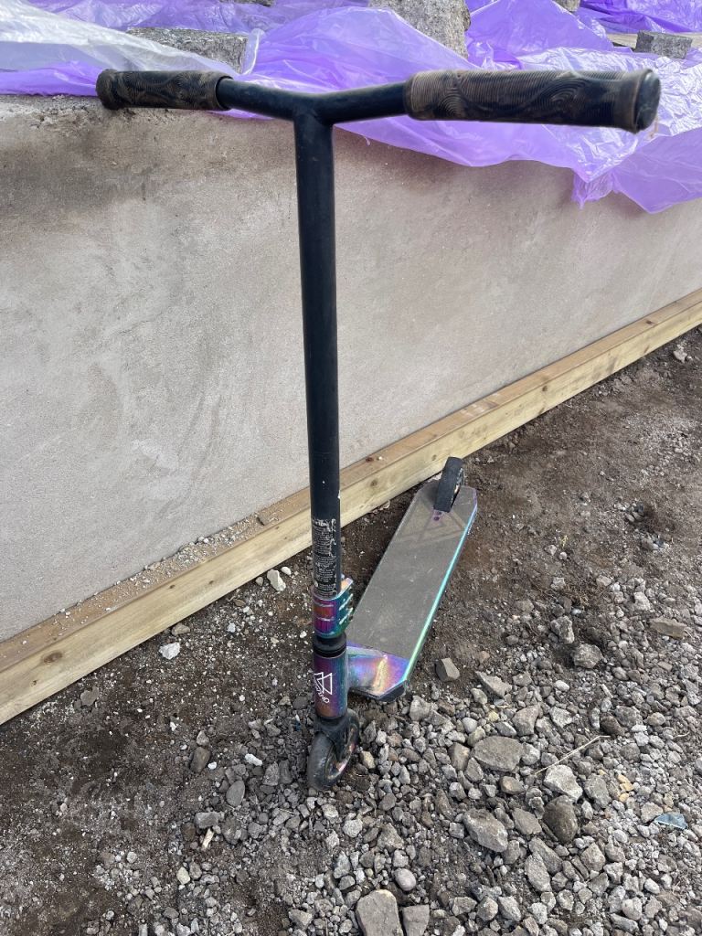 Used Stunt Scooter – Black with Rainbow Deck, Good Condition