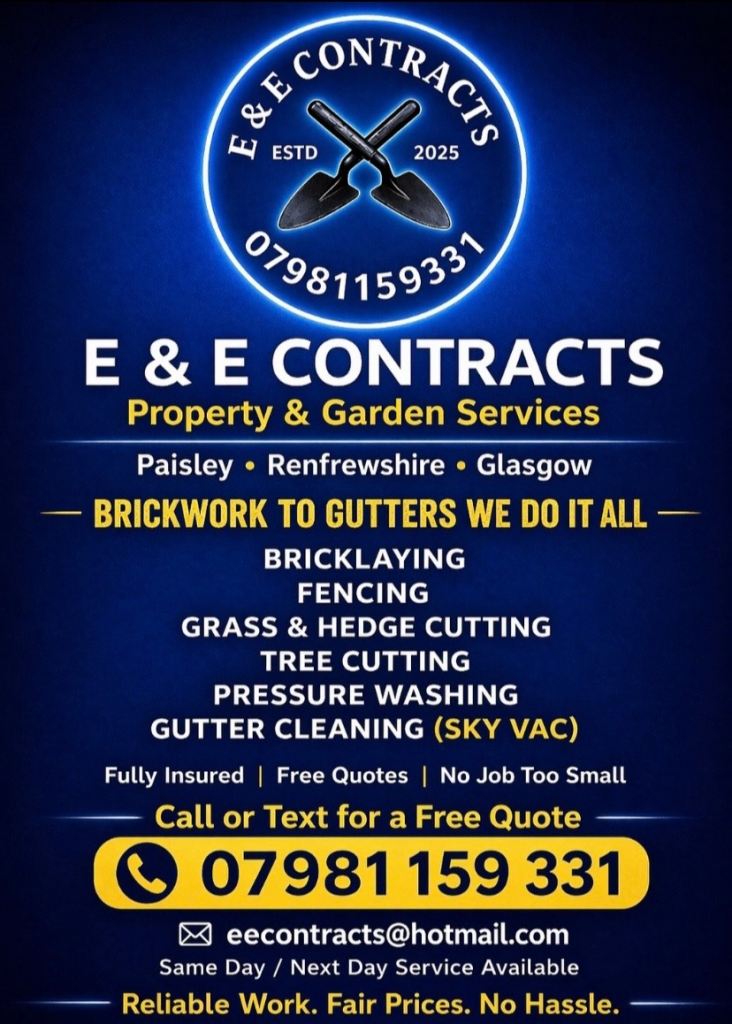 E & E CONTRACTS / GRASS CUTTING / BRICKLAYING / FENCING / GUTTER CLEANING / PRESSURE WASHING