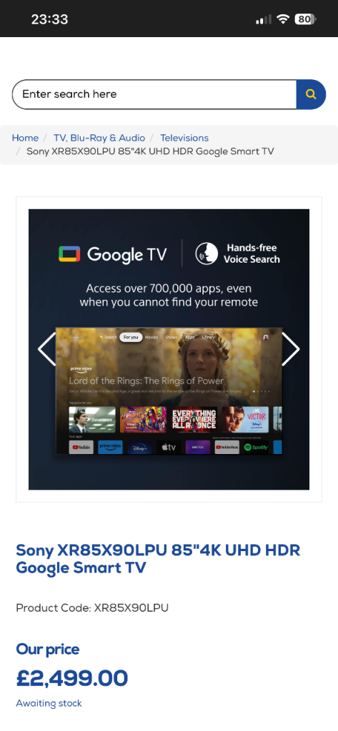 Sony XR85X90LPU 85-inch 4K HDR Full Array LED TV Ultra HD Smart Like New Retail £2499 Bargain