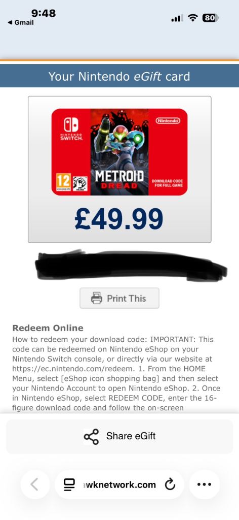 Metroid e-code never been used £20