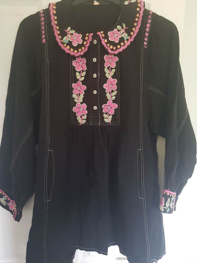 image for Free People Black Midi Dress BNWT – Pink Embroidery – Size Small (UK 8–10) – Xmas / Gift (Carlisle)