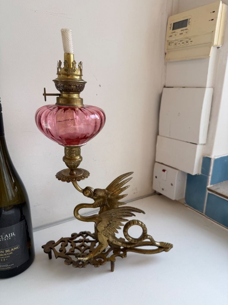 Rare Antique French Gaudard brass  Dragon Oil Lamp With Cranberry Reservoir 
