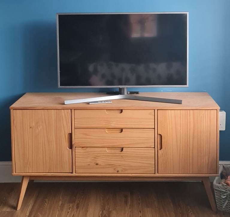 Scandinavian Design Solid Pine Wood Stained Sideboard - 2 Cupboards & 3 Drawers