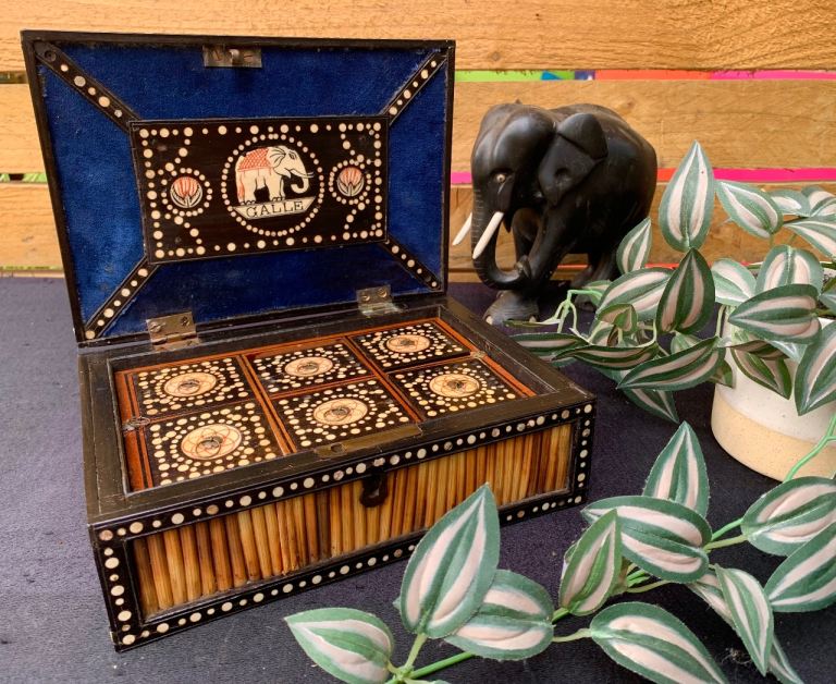 SOLD Antique Anglo-India Ceylon Galle Ebony Porcupine Quills Writing Trinket Box c1850