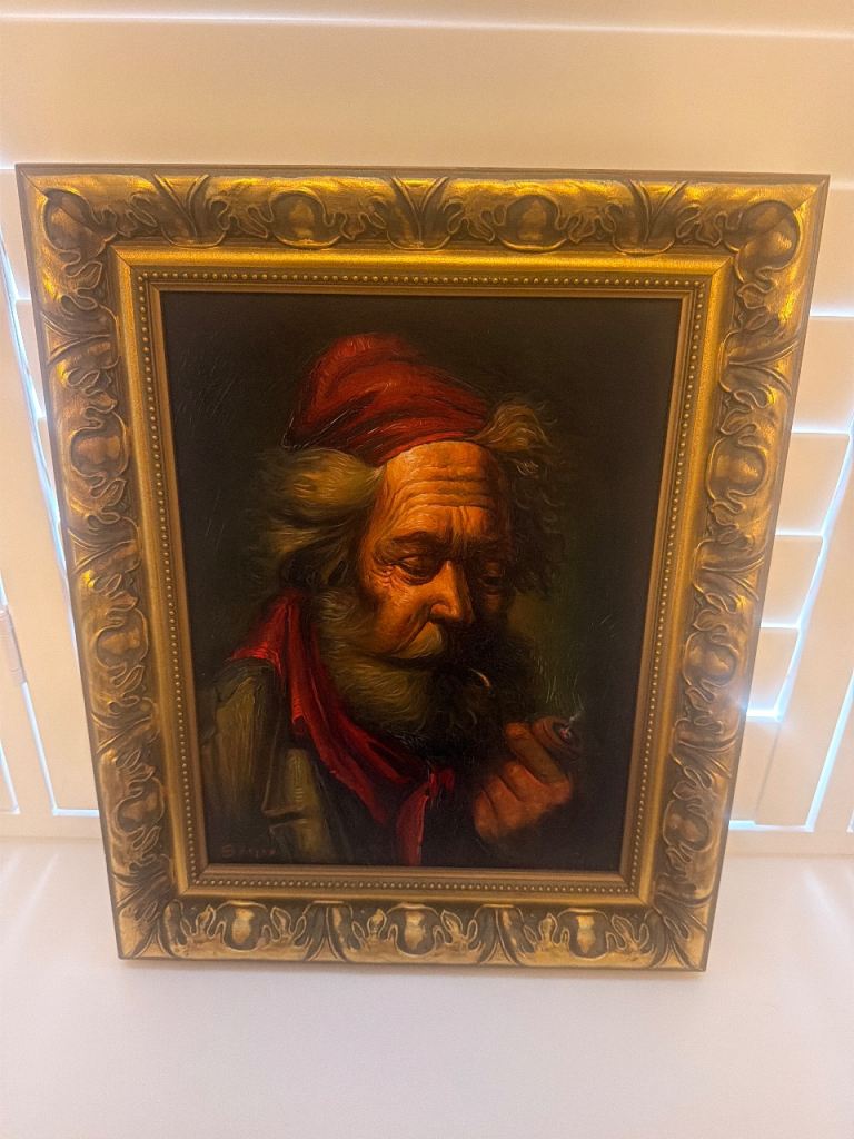 Framed Oil Painting of Old Man with Pipe – Good Condition