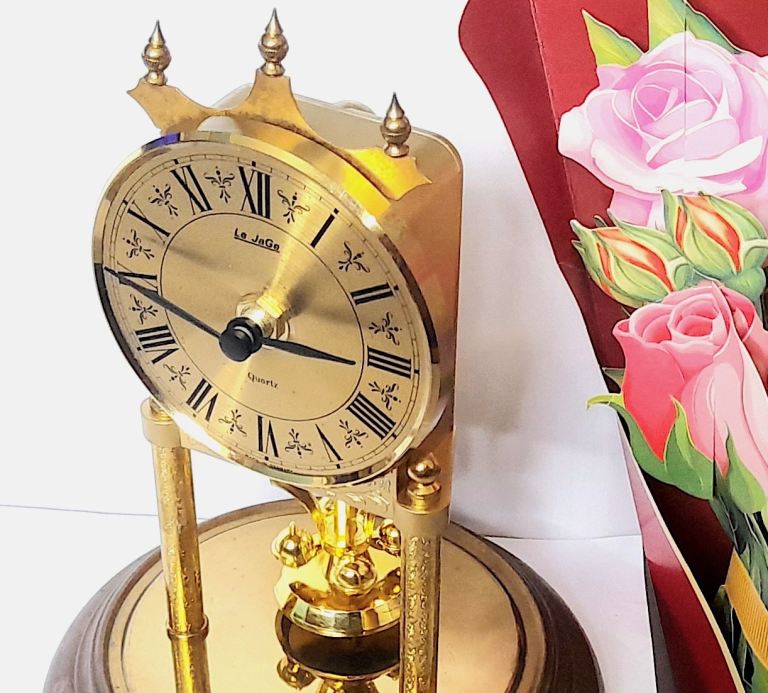 Le JAGE WEST GERMAN GLASS DOMED MANTLE CLOCK 22 cm UPGRADED with 2 NEW MOTORS - GOOD