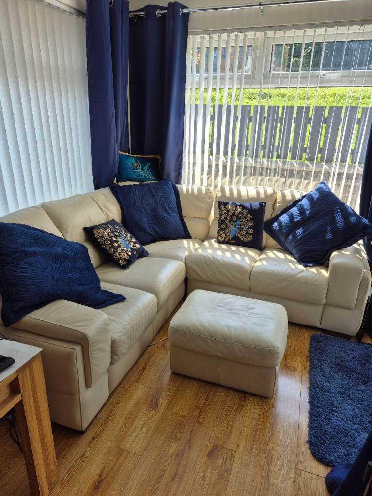 Cream Leather Corner Sofa with Matching Footstool, Good Condition