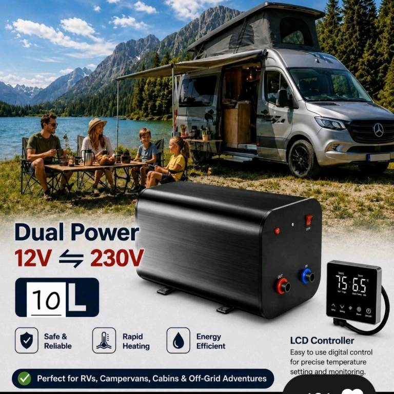 10 litre 12v/230v water heater for campervans motorhomes and boats. 