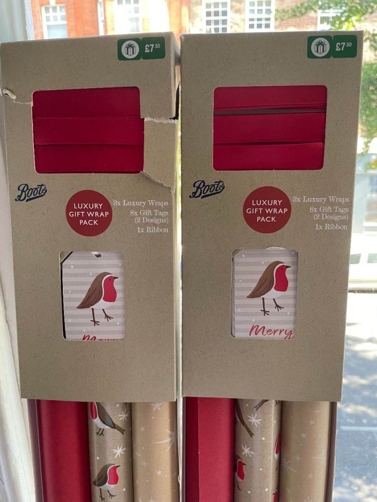 Two New Packages of Boots Luxury Christmas Gift Wrap with Red Satin Ribbon and Gift Tags Birds