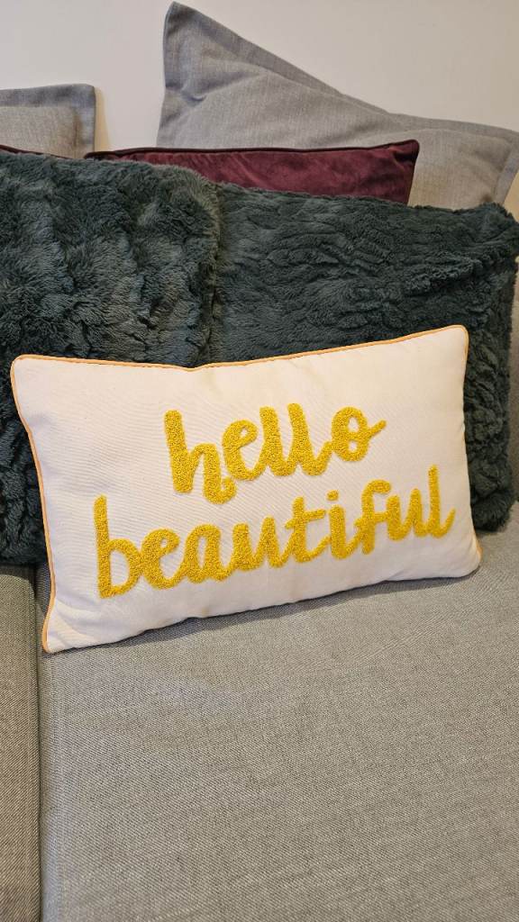 Decorative Sofa Cushion “Hello Beautiful” – Yellow and Cream, Soft and Comfy