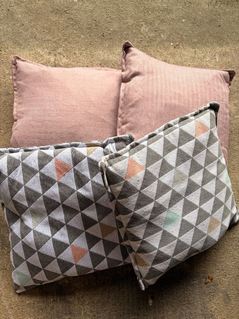 Set of 4 DFS scatter cushions - blush pink & geometric print, unused