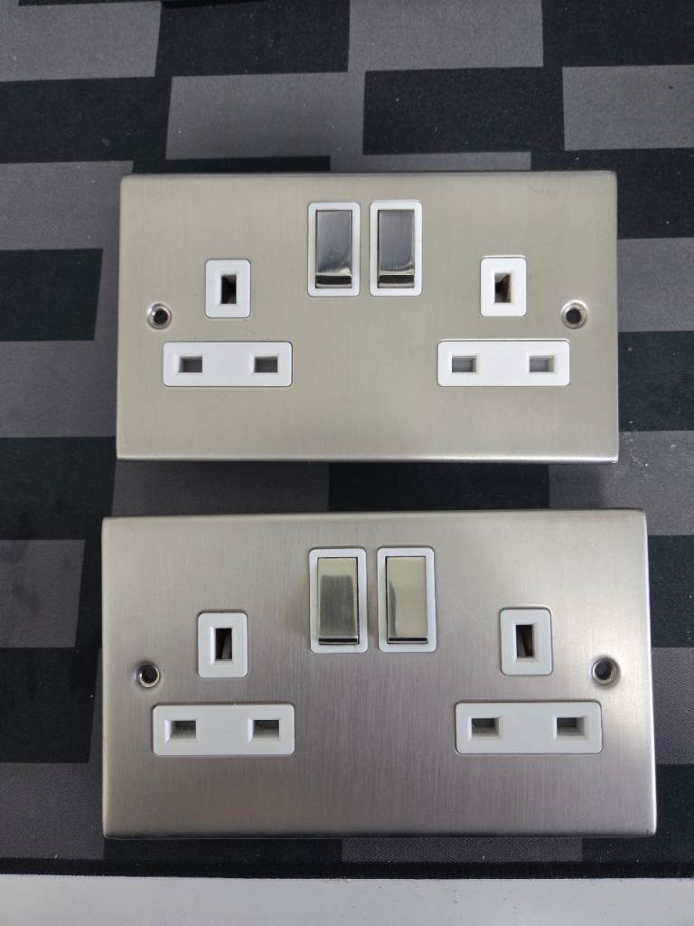 Brushed Chrome 13A 2 Gang Switched Plug Socket, Double Pole - White inserts (price is for the pair)