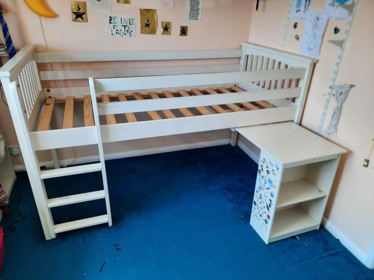 White cabin bed with pull out desk