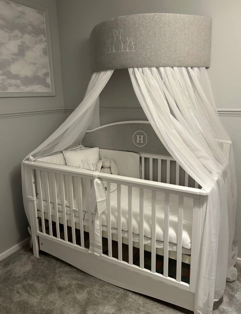 White Baby Cot with Canopy and Mattress – Good Condition