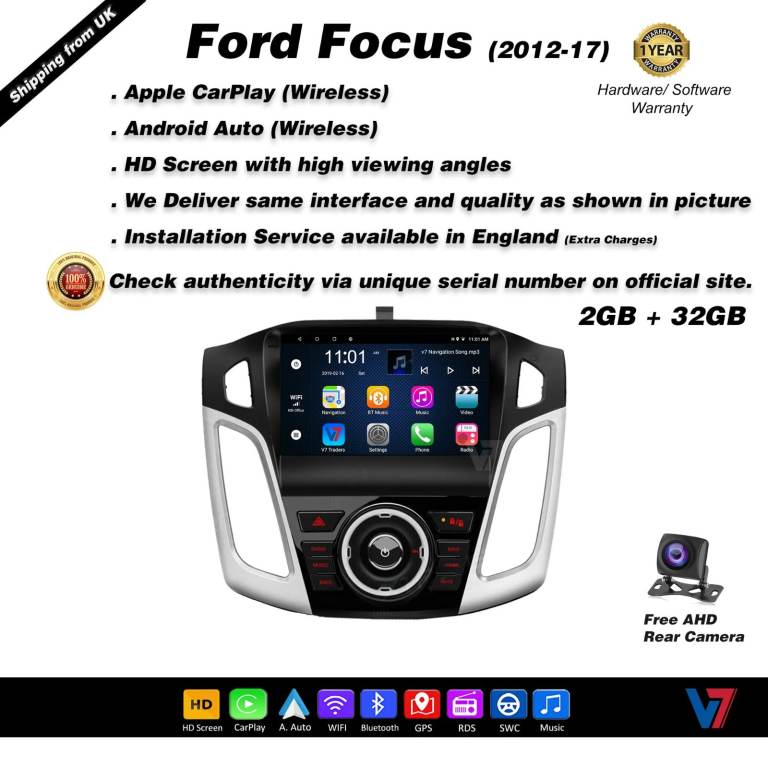 Ford Focus 2012-17 CARPLAY Android Auto HD Screen Head Unit GPS Stereo LCD Panel V7