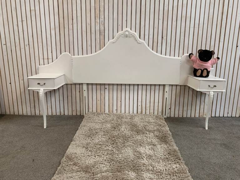 Vintage French Style White Headboard with Bedsides Attached on Either side,  Headboard with Drawers.