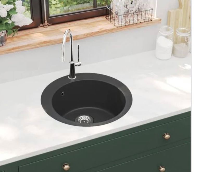 vidaXL Granite Kitchen Sink Single Basin Round Black