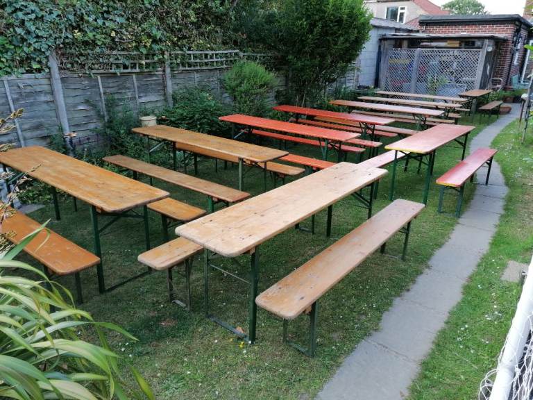 Vintage wooden folding German Oktoberfest beer garden 2.2. metre trestle table and bench set.