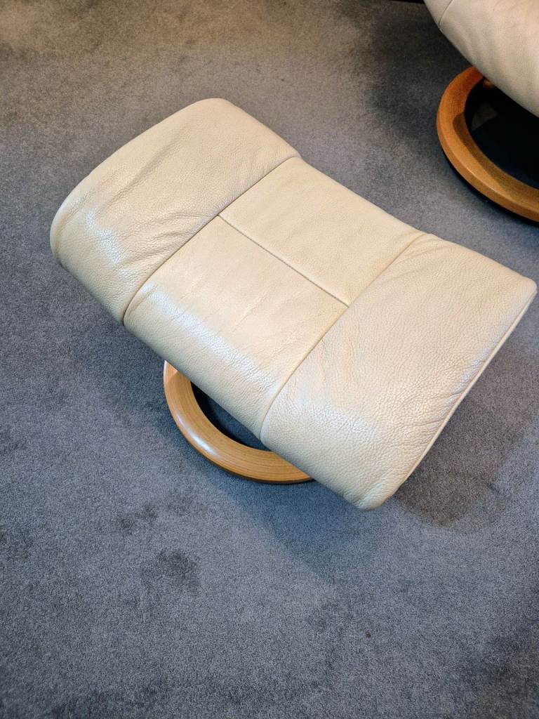 Stressless Mayfair leather swivel recliner chair (Large) with footstool.