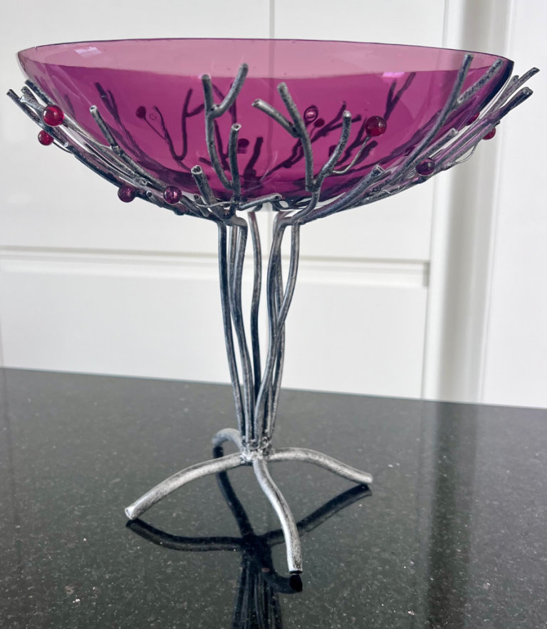 Unique Decorative glass bowl with beaded silver stand 