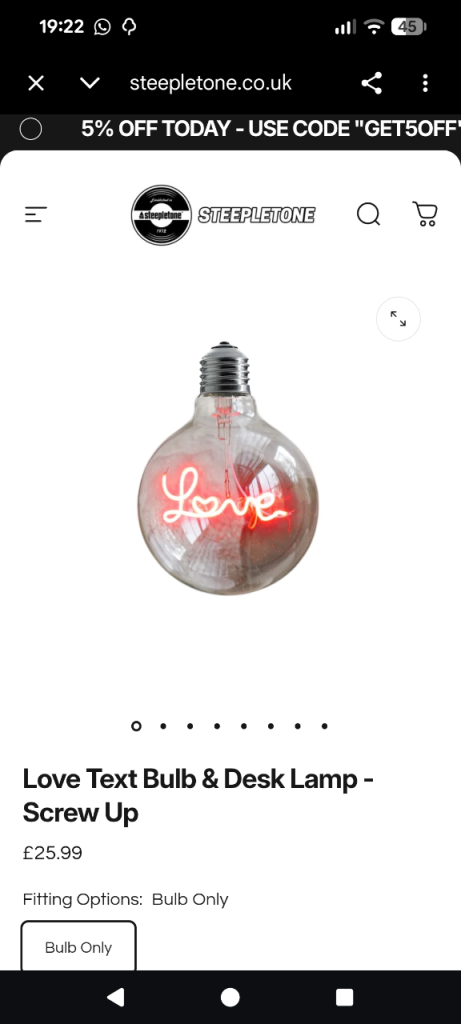 Steepleton Love text light bulb- brand new