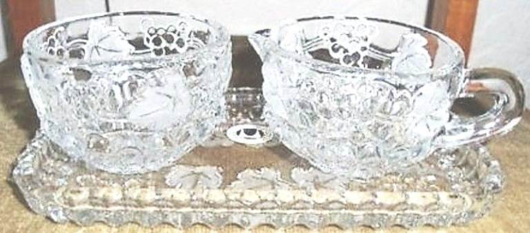 STUNNING CUT GLASS TRAY, MILK JUG & SUGAR BOWL.  ETCHED