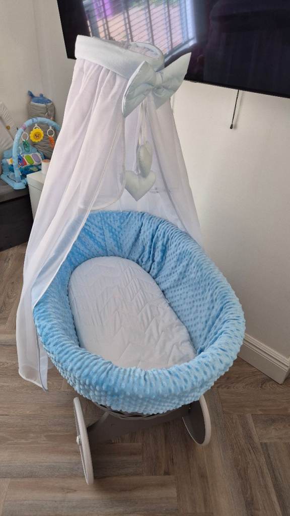 Moses Basket with Stand, Blue Liner and Canopy