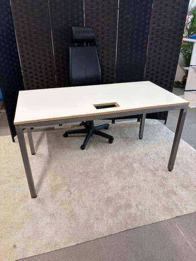 Used White Single computer study office table desk with cable port metal frame