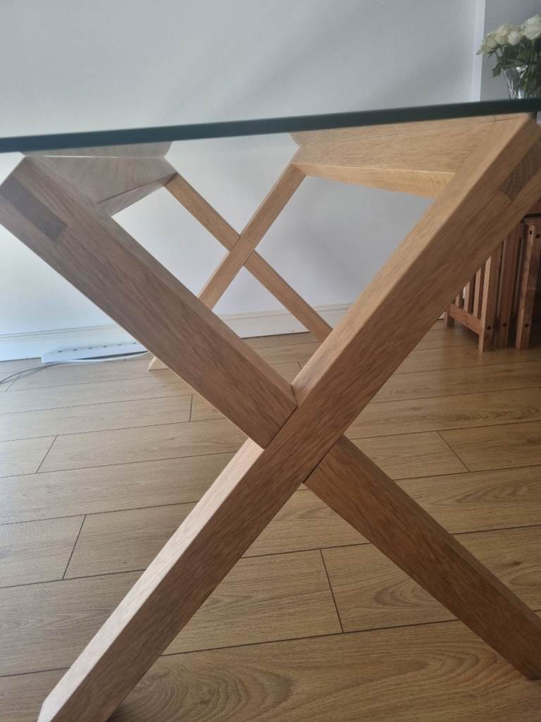 Solid oak dining table with glass top