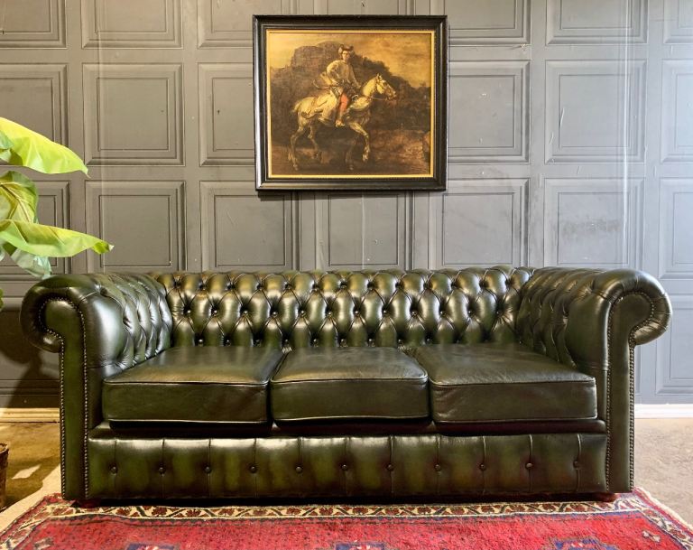 SOLD Vintage Antique Style Chesterfield Deep Button Emerald Green Leather 3 Seater Sofa Couch