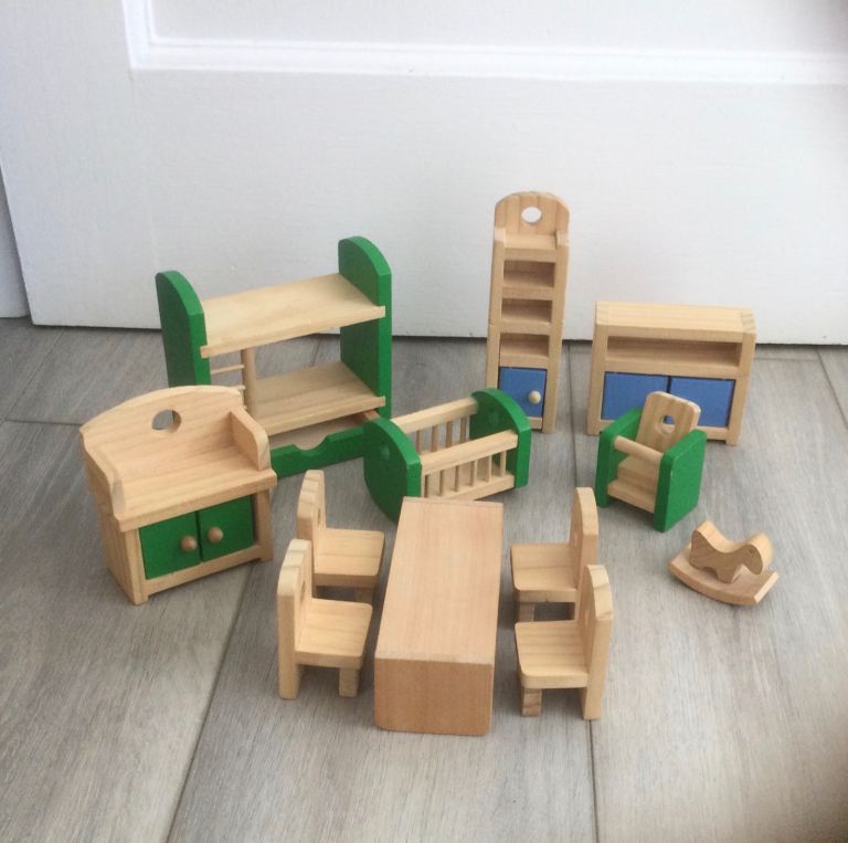 Chunky Wooden Doll's House Furniture Set by Delta Sports– nursery & dining 