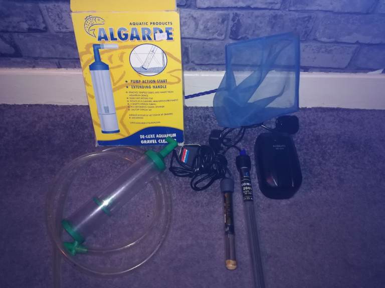 Tropical Aquarium Accessories. Twin Outlet Air Pump, Heaters, Gravel cleaner and Large Net