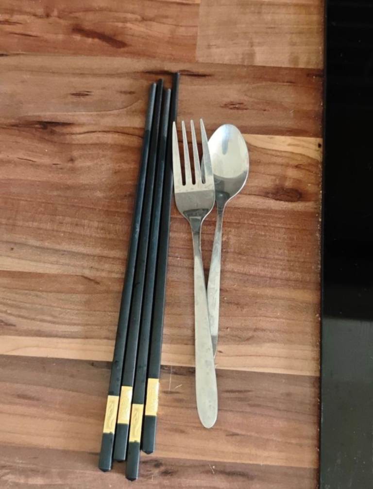 Black Chopsticks with Gold Accents, Silver Fork and Spoon Set