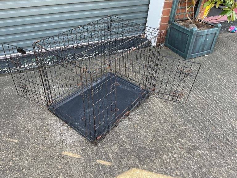 Small metal dog cage, two 2 door, foldable, plastic none chew tray crate 