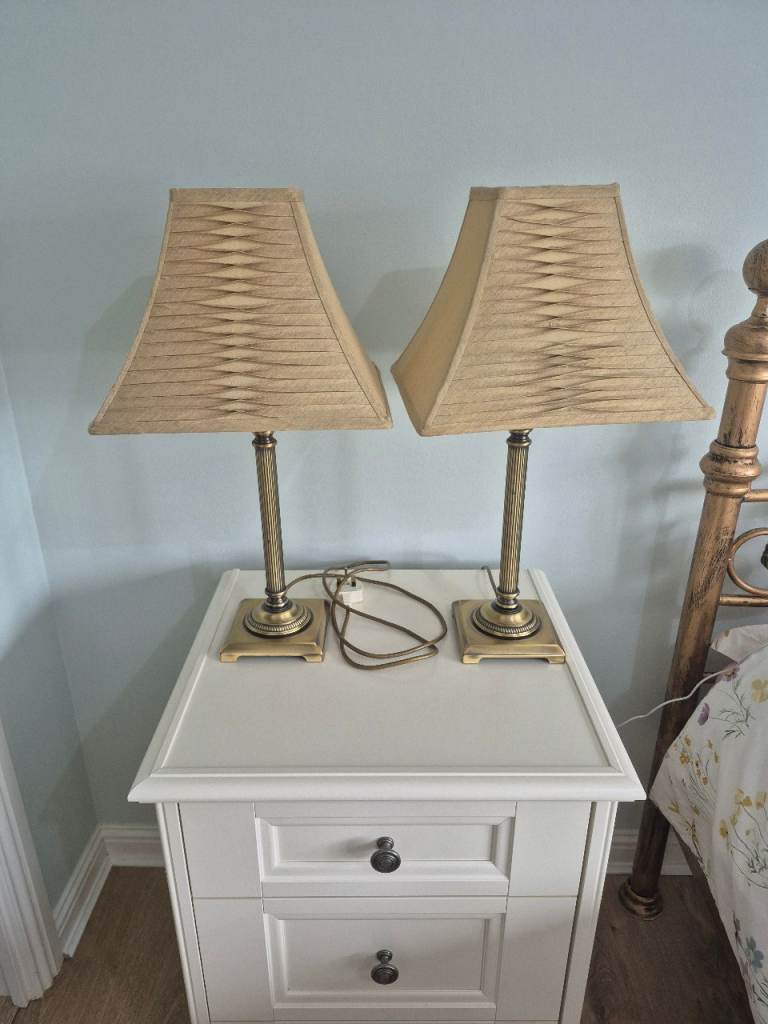 Lovely Pair of Gold-Coloured Table Lamps with Pleated Shades