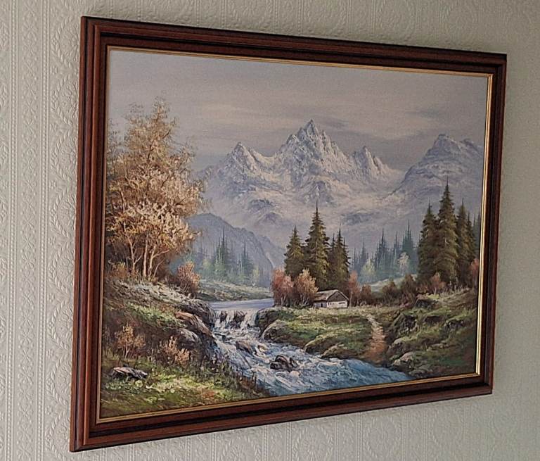Large alpine/mountain landscape picture, framed and on canvas, signature of artist W. Chapman