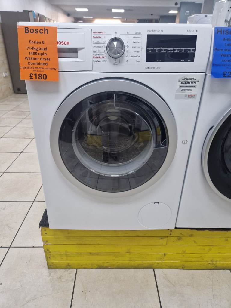 White bosch series 4 7kg and 4kg load 1400 spin combined washer dryer 