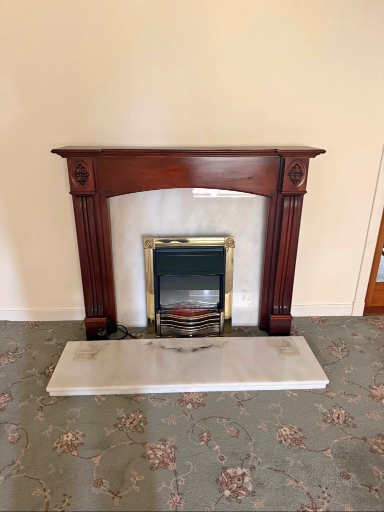 Wooden Fire Surround with Marble Hearth & Electric Fire – Good Condition