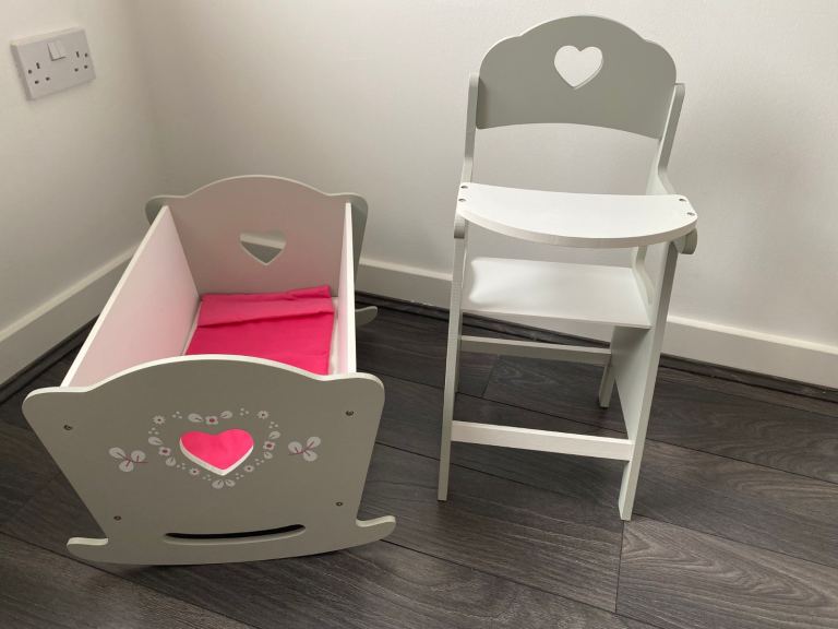Wooden Doll Bed & High Chair Set – Very Good Condition