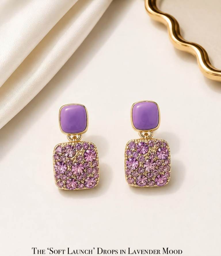 Purple Crystal Drop Earrings – Square Stud Glam Accessories