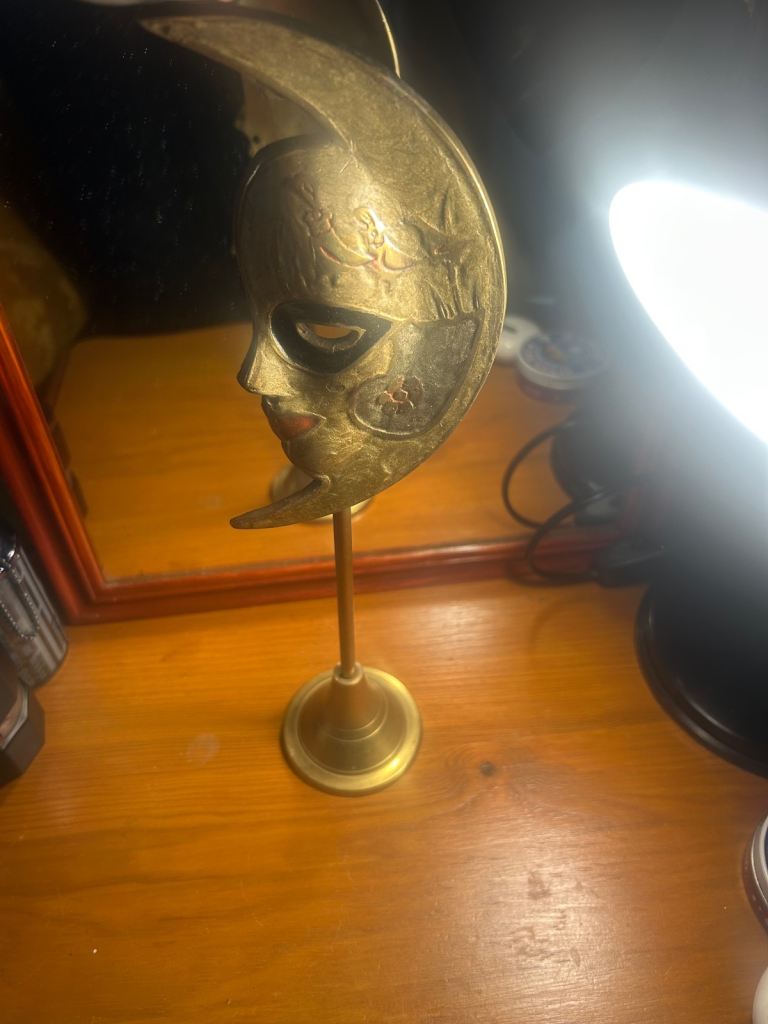 Vintage Brass Moon Mask Sculpture on Stand-Indian