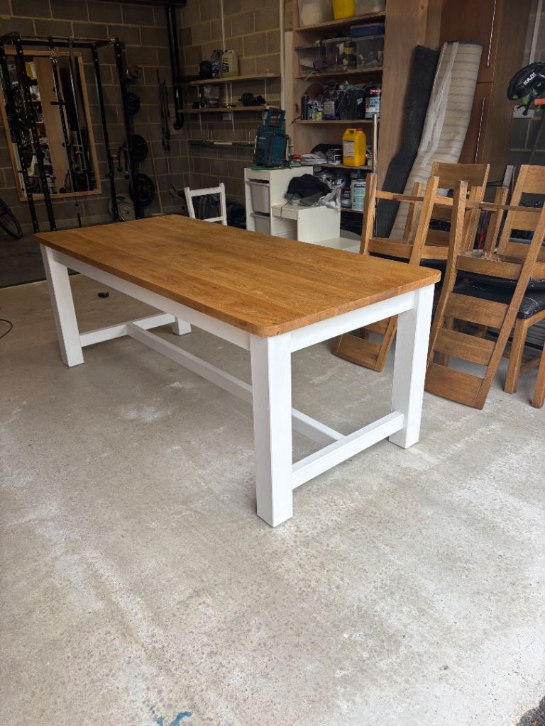 Solid Wood Dining Table with White Painted Legs – Good Condition