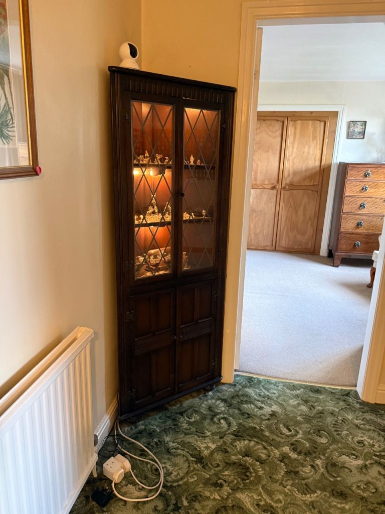 Wooden Corner Display Cabinet with Glass Doors – Good Condition
