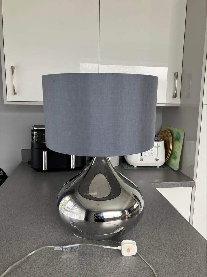 Silver base table lamp with grey lampshade. Suitable for lounge area REDUCED NOW!!