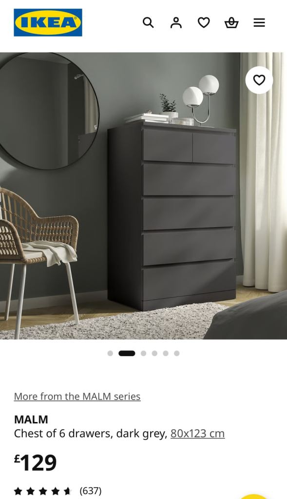 IKEA MALM Chest of 6 Drawers – Grey, Good Condition