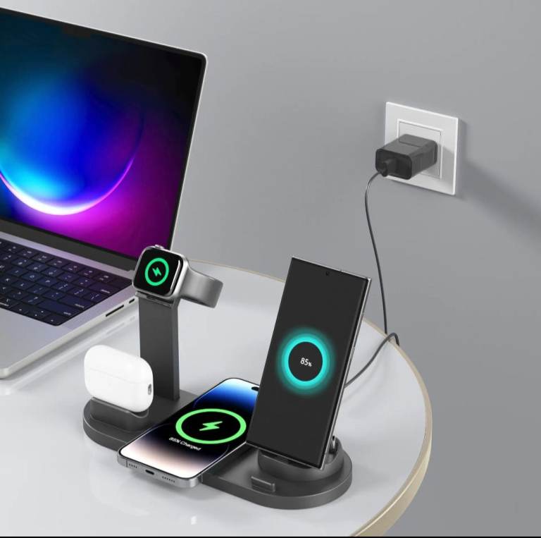 New Black 6-in-1 Wireless Charger Stand for Phone Watch Earbuds