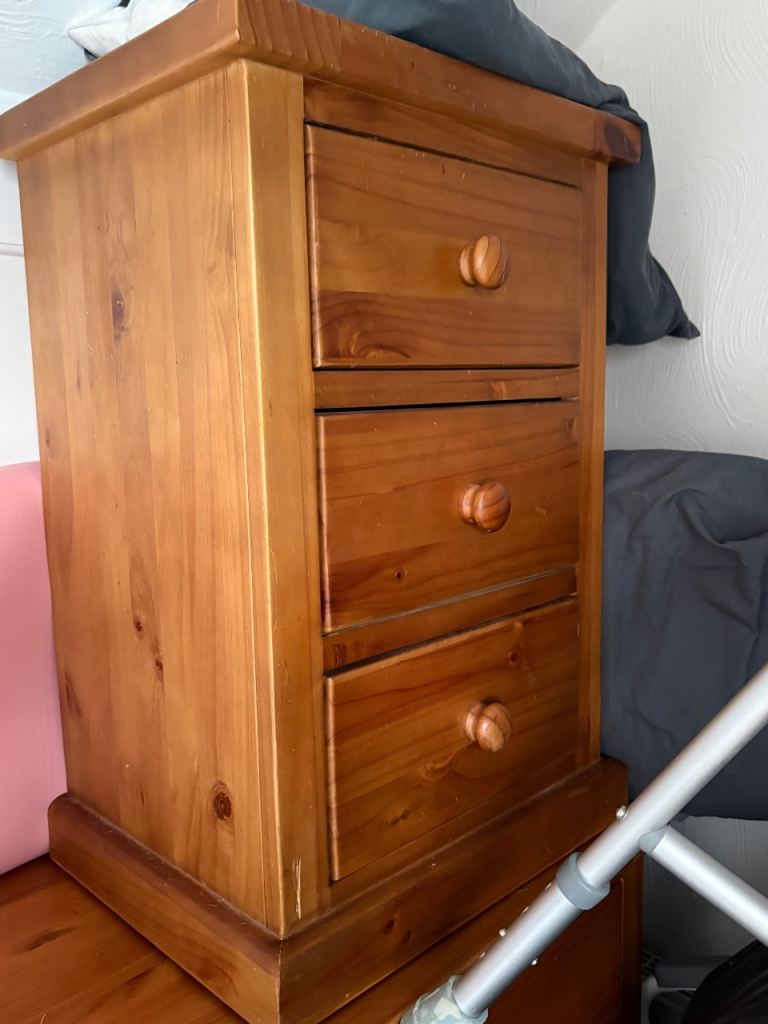 Pine Bedside Table with 3 Drawers – Good Condition
