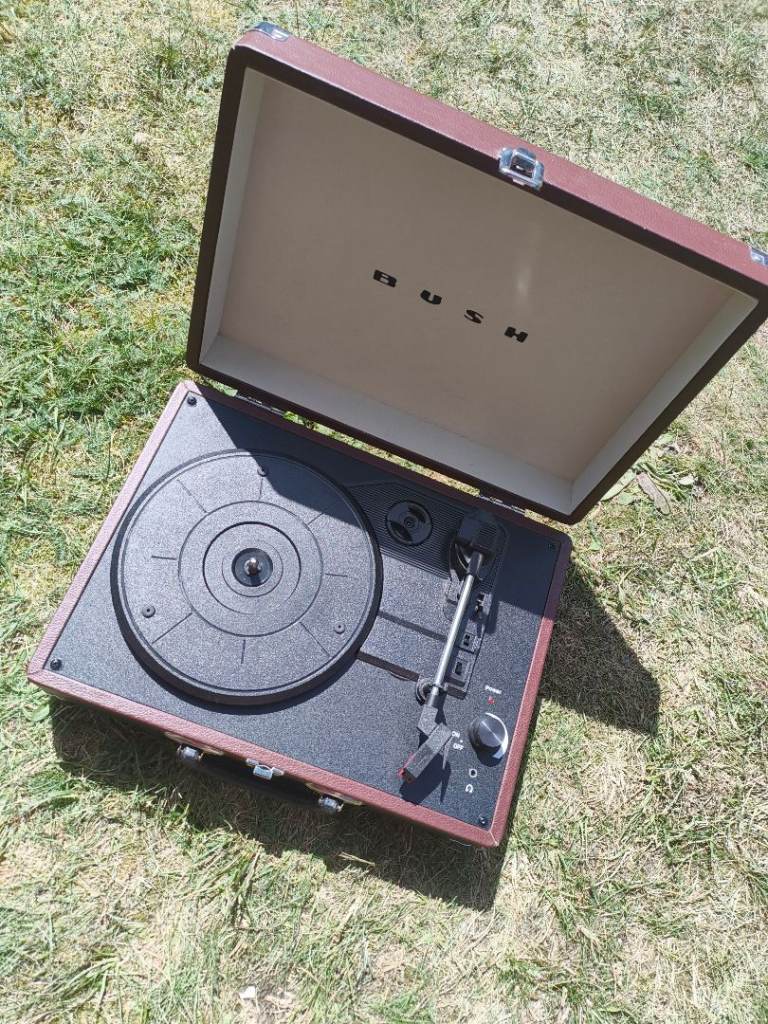 Bush classic portable turntable features a retro brown suitcase design
