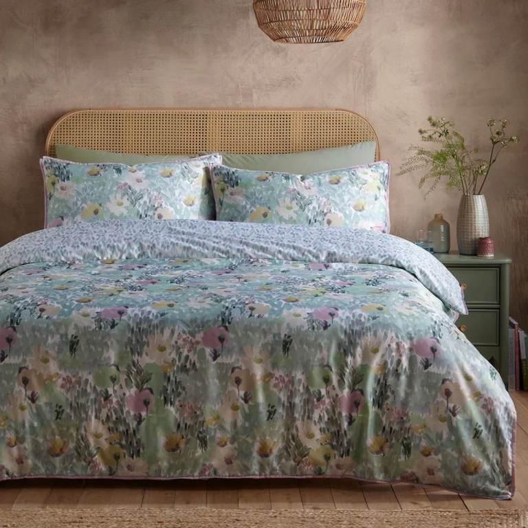 Abstract Floral Duvet Cover Set Sage Green 100% Cotton